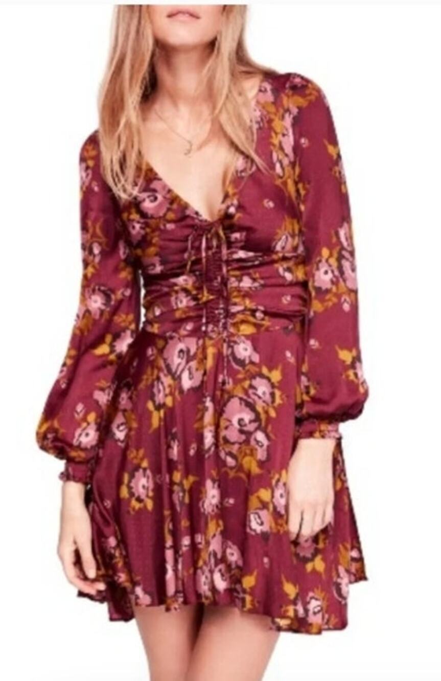 Free People Morning Light Dress Floral Long Sleeve Mini Purple NWT 8
